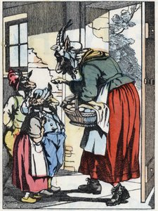 母ヤギは散歩に出て、自分のビケットに警告します。Jean de la Fontaineの寓話をもとにした物語「Compere le Loup, Maitre Renard, Comere la Chevre et ses petits biquets」の挿絵。小さな子供たちのための家の物語」の中で。匿名希望 作： Unknown artist