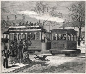 1876年、パリの新しい蒸気トラムは、サンジェルマン・デ・プレの線路上をシャティヨンの入り口で走っていた、エングレーヴィング・ビアンケッティのコレクション。