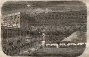 パリのパレ・ロワイヤル（Palais-Royal）にある正午の銃（ソーラーキャノン）。"Le Musee Des Sciences "の1857年のエングレービング