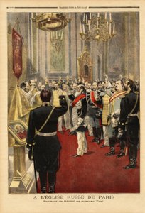 新皇帝ニコライ2世（1868-1918）への忠誠の誓い。パリ、ダル通りのサン・アレクサンドル・ネフスキー大聖堂にて。1894年11月18日の「Le petit journal」に掲載されたエングレーヴィング。セルバのコレクション。 作： Unknown artist