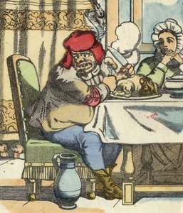 食卓の鬼は、小さなプーセットとその兄弟の存在を感じている。シャルル・ペローの「Le Pepetit Poucet」という物語の挿絵 作： Unknown artist