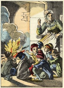 鬼の妻が小人のプーセットとその兄弟を火で温める。シャルル・ペローの「Le Pepetit Poucet」という物語の挿絵 作： Unknown artist