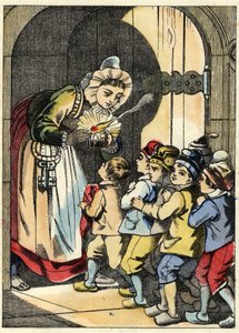 鬼の妻は、小人のプーセットとその兄弟のためにドアを開ける。シャルル・ペローの物語「Le Pepetit Poucet」の挿絵 作： Unknown artist