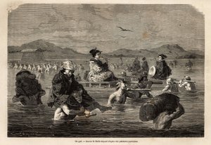 グーの航路、乗客と荷物の運搬方法の提示。1863年から1864年にかけて、スイス連邦公使アイム・アンベールが行った日本への航海を説明するためのエングレーヴィング、"Le tour du monde, nouveau journal des voyages" 作： Unknown artist
