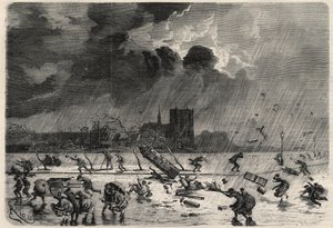 3月8日のハリケーンの際、パリのサン・ミシェル橋（Saint-Michel）の角にある桟橋。"The Universe illustrious "に掲載されているエングレーヴィング 作： Unknown artist