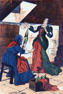 王女は手に穴を開けて眠ってしまう。フランスの作家シャルル・ペロー（1628-1703）の物語「眠っている森の美女」の匿名の挿絵。イメージ：Marcel Vagne, Jarville Nancy, undated (19世紀後半). 作： Unknown artist