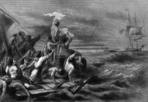 ヴァン・テナックの「Histoire générale de la marine」に掲載されている、沖のアーガスを見るメドゥーサ号のイカダ。 作： Unknown artist