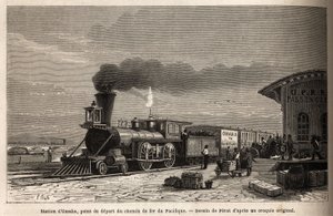 この鉄道には、太平洋への路線の起点となるオマハ駅（ネブラスカ州）があります。M.L.シモナンが1867年に描いた「アメリカ極西への旅」の図版。 作： Unknown artist