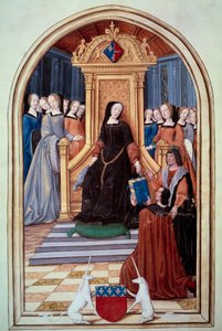 フランスの摂政ルイーズ・ド・サヴォア（1476-1531）は、アミアン市から2つのエシュバンの書を受け取った。手前はアミアンの武器。ピュイ・ジャム・ノートルダム・ダミアンの王室絵画と歌。1年にルイーズ・ド・サヴォアに寄贈された写本 作： Unknown artist