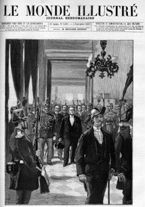 1887年のレンタルルーム。頭にはシャルル・フロケ社長（1828-1896）がいる。1887年の「The Illustrious World」の表紙。