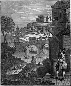 The ridiculous perspective ウィリアム・ホガース（1697-1764）が、距離の関係で現実には不可能な物や人の平面レベルを提案し、画家の遠近法をあざ笑う風刺イラスト。