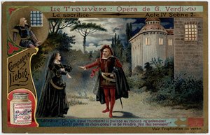 生贄 第4幕 第2場ジュゼッペ・ヴェルディ(1813-1901)のオペラ『見出だせ』(Il trovatore)の挿絵。19世紀末のリービッヒのクロモリトグラフィー（Chromo）。 作： Unknown artist
