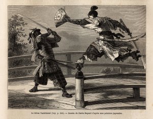 橋の上で天秤にかけられた侍・義経が、鎧を着た侍を襲うシーン。1863年から1864年にかけて、スイス連邦公使アイム・アンベールが日本への航海を説明するために描いたエングレーヴィング、"Le tour du monde, nouveau journal des voyages" 作： Unknown artist