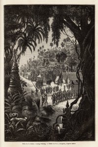 ランザン（百万の象の王国）の王都ルアンパバーン（現在のラオス）の季節のお祝いで、街中で住民の行列や礼拝の塔が行われています。探検の旅を描いたエングレーヴィング