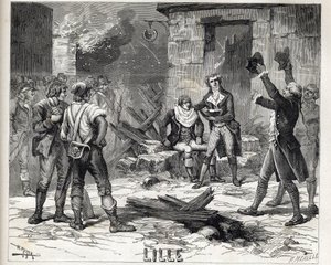 リールの髭剃り皿。フランス革命戦争中の1792年のリール包囲戦でのエピソード - Siege de Lille in 1792: Siege de Lille: the Maes wig using a bomb shatter as a beard dish to shave a client -。 作： Unknown artist