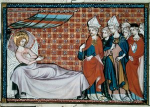 病気のフランス王サンルイ（ルイ9世）（1214-1270）が親族や聖職者に挨拶している様子。サン・パストゥスのウィリアムによる写本「サン・ルイの生涯と奇跡」のミニチュア 作： Unknown artist
