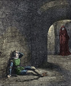 The spectre of the tower 地下牢に鎖でつながれた囚人は、目の前に幽霊を見る。ウィリアム・ハリソン・エインズワースによる「ロンドンの塔」のイラスト 19世紀 作： Unknown artist