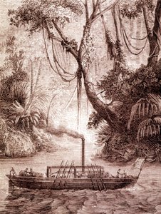 1791年頃、アメリカの発明家、ジョン・フィッチの蒸気船がデラウェア川に登場。 作： Unknown artist
