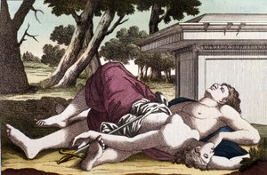 ミュリエの下でのピュラモス（ピラメ）の自殺と、ティスベの死。獅子がティスベを食い殺したと確信したピュラモスは、自ら死を選び、白い絨毯に彼女の血を塗りたくる。獅子から逃れるために隠れていたティスベは、愛しい人が死んでいるのを見つけ、自殺してしまう 作： Unknown artist