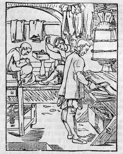 16世紀の仕立屋の仕事場、布地の裁断 - 1836年の「絵のある店」にて 作： Unknown artist