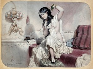 トイレです。バスルームでバスタブの近くにいる女性が入浴しようとしています。19世紀のイラスト。パリ、装飾美術 作： Unknown artist