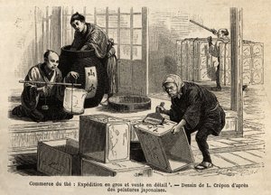 お茶の貿易：卸売りと小売の出荷。1863年から1864年にかけてスイス連邦公使アイム・アンベールが行った日本への航海を説明するためのエングレーヴィング（Edouard Charton編『Le tour du monde』1869年、アシェット版、Par 作： Unknown artist