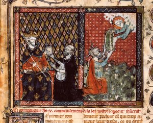 翻訳者である修道士が、太守と呼ばれるフランス王フィリップ3世（1270-1285）に自分の本を差し出す。聖アウグスティヌス（？）の『キリスト教の教義』から引用されたミニチュア。
