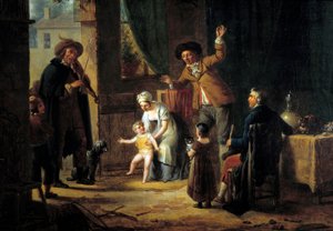 旅する音楽家 家族の家のドアで音楽を奏でるバイオリニスト。匿名の絵画。1819年 パリ、装飾美術