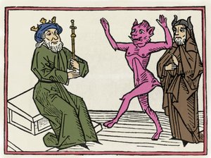 ベリアルの裁判「悪魔ベリアルがソロモン判事の前で踊る」ヤコブス・デ・テラモ（またはパラディーノ）の「ベリアルの裁判」からのエングレーヴィング、アウスブルグ