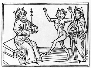 ベリアルの裁判「悪魔ベリアルがソロモン判事の前で踊る」ヤコブス・デ・テラモ（またはパラディーノ）の「ベリアルの裁判」からのエングレーヴィング、アウスブルグ