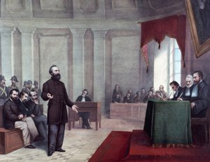 1858年1月14日のナポレオン3世襲撃事件を起こしたフェリーチェ・オルシーニ（1819 - 1858）の裁判の様子。19世紀末のリトグラフ。ミラノの個人コレクション ©Luisa Ricciarini/Leemage 作： Unknown artist