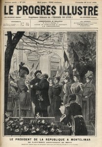 共和国大統領のモンテリマール（フランス・ドローム地方）への旅。エミール・ルベ（1838-1929）とその母親。1899年4月の「The illustrious progress」に掲載されたエングレーヴィング。 作： Unknown artist