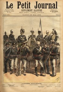 イタリア軍の制服、左から馬：砲兵、騎兵将校、将軍、カラビニエリの大佐、ガイドの将校、槍の第10連隊、第100連隊。立っている左から右へ：カラビナ、Th