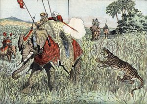 プリンス・オブ・ウェールズ（当時エドワード8世、その後ウィンザー公）（1894年〜1972年）の英領インドへの航海、ここでは虎狩りの際に表現されている」（Prince Edward of Wales during a tiger hunting in the British India 作： Unknown Artist