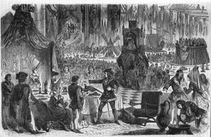 雉子の願い。ブルゴーニュ公フィリップ3世ル・ボン（1396-1467）は、1454年2月17日、コンスタンティノープルの皇帝と一緒に、サル・ド・リルのホテルで宴会を開いた。19世紀のエングレーヴィング。 作： Unknown artist
