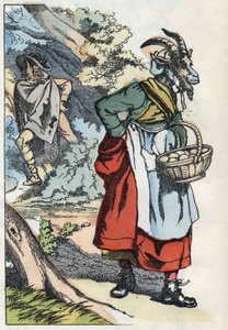 オオカミは家を出たヤギを探しています。Jean de la Fontaineの寓話にちなんだ物語「Compere le Loup, Maitre Renard, Comere la Chevre et ses petits biquets」のイラスト。小さな子供たちのための家の物語」の中で。Anonymous engraving