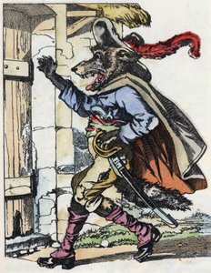 オオカミがビケの家のドアをノックする。Jean de la Fontaineの寓話にちなんだ物語「Compere le Loup, Maitre Renard, Comere la Chevre et ses petits biquets」の挿絵。小さな子供たちのための家の物語」で。Anonymous engraving o 作： Unknown artist