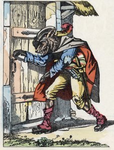 オオカミがビケの家のドアをノックする。Jean de la Fontaineの寓話にちなんだ物語「Compere le Loup, Maitre Renard, Comere la Chevre et ses petits biquets」の挿絵。小さな子供たちのための家の物語」で。Anonymous engraving o 作： Unknown artist