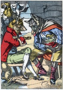 オオカミはキツネと再会する。Jean de la Fontaineの寓話をもとにした物語「Compere le Loup, Maitre Renard, Comere la Chevre et ses petits biquets」のイラスト。小さな子供たちのための家庭の物語」の中で。19世紀の匿名のエングレーヴィング。 作： Unknown artist
