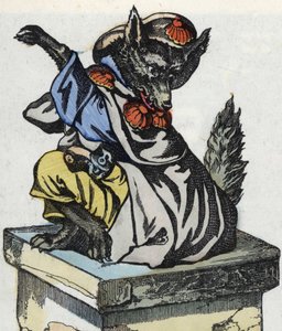 オオカミは煙突の上に座っています。Jean de la Fontaineの寓話にちなんだ物語「Compere le Loup, Maitre Renard, Comere la Chevre et ses petits biquets」のイラスト。小さな子供たちのための家庭の物語」の中で。19世紀の匿名のエングレーヴィング。 作： Unknown artist