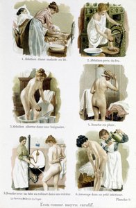女性、ホームドクター：治療手段としての水。1.病人のベッドでの改心、2.火による改心、3.バスタブでの交互改心、4.レインシャワー、5.キッチンの蛇口管を使ったシャワー、6.狭い室内での水やり - "The woman, home doctor" にて 作： Unknown artist