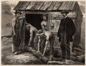 モンシャナン鉱山の木工職人が、井戸の傾斜に木を投げ入れているところ。1865年、L.シモナンがクルーゾーとソーヌとロワールの鉱山への航海を説明するために描いたもので、「Le 作： Unknown artist