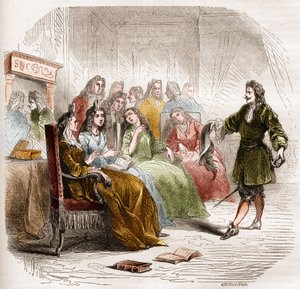 1650年、姉のマドレーヌ・ドゥ・スクデリが開いた文学サロンでの作家ジョルジュ・ド・スクデリ（1598-1667）の様子。1860年から1861年のエングレーヴィング。 作： Unknown artist