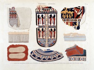 Thebes, Hypogees: 1.2.3.6.7.8. ミイラの封筒からの絵画 4.5.ミイラに描かれていたフリンジとストライプのキャンバスの詳細 - "Description of Egypt" 1809, Antiquite vol.2 pl 112より 作： Unknown artist