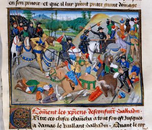 第3回十字軍。"How the Christians confirm Saladin" サラディン（1138-1193）（Salah al Din Yusuf al-Ayyubi (al Ayyubi)）は1191年頃に十字軍に敗北する。ダビッド・オーベール作「クロニクル・アブレジー」よりミニチュア 作： Unknown artist