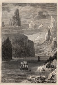 キャプテン・ジェームズ・クック（1728-1779）の第3回目の航海（1776-1779）。プリンス・ウィリアム（Prince William）（アラスカ）の入り口-イラストは "The Great Mariners of the 18th century "より引用