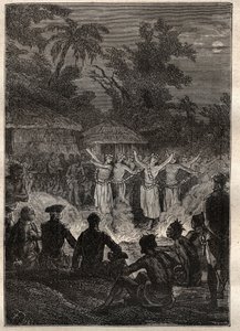 キャプテン・ジェームズ・クック（1728-1779）の第3回目の航海（1776-1779）：フレンズ諸島（ポリネシア、トンガ王国）での饗宴 - 図版は "The Great Mariners of 18th century "より引用。 作： Unknown artist