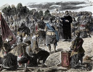 三十年戦争：ルーツェンの戦いの前に祈りを捧げるスウェーデン人 - 三十年戦争（1618-1648）。スウェーデン王グスタフ2世アドルフ（1594-1632）と彼の部隊は、ルーツェンの戦い（1632年）の前に宗教的なお祝いのために集まった。