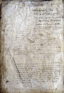写本のタイトルページ。主人の受難から717年後に書かれた「サン・グレアルの征服」。レンヌ市立図書館、ms.255（円卓の小説コレクション）、パリ 作： Unknown artist