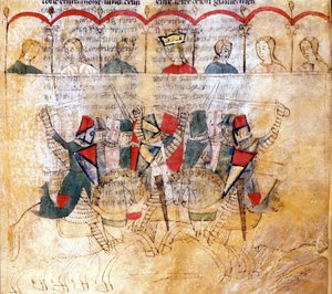 13世紀の写本「Lancelot du Lac」の後のトーナメントシーン。ヴェネツィアのマルツィアーナ国立図書館。 作： Unknown artist